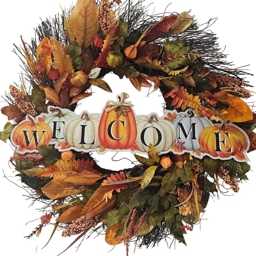 22" Fall Autumn Harvest Welcome Wreath Pumpkins Leaves Twigs Sturdy Handmade